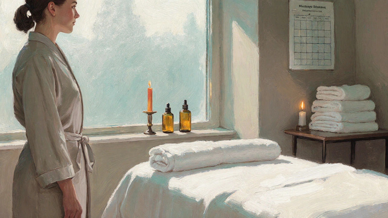A clean, softly lit private massage room with fresh linens, candles, and a therapist’s silhouette.