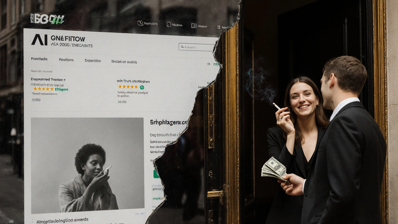 A fractured mirror showing fake online profiles on one side and a real woman in a Soho doorway on the other.