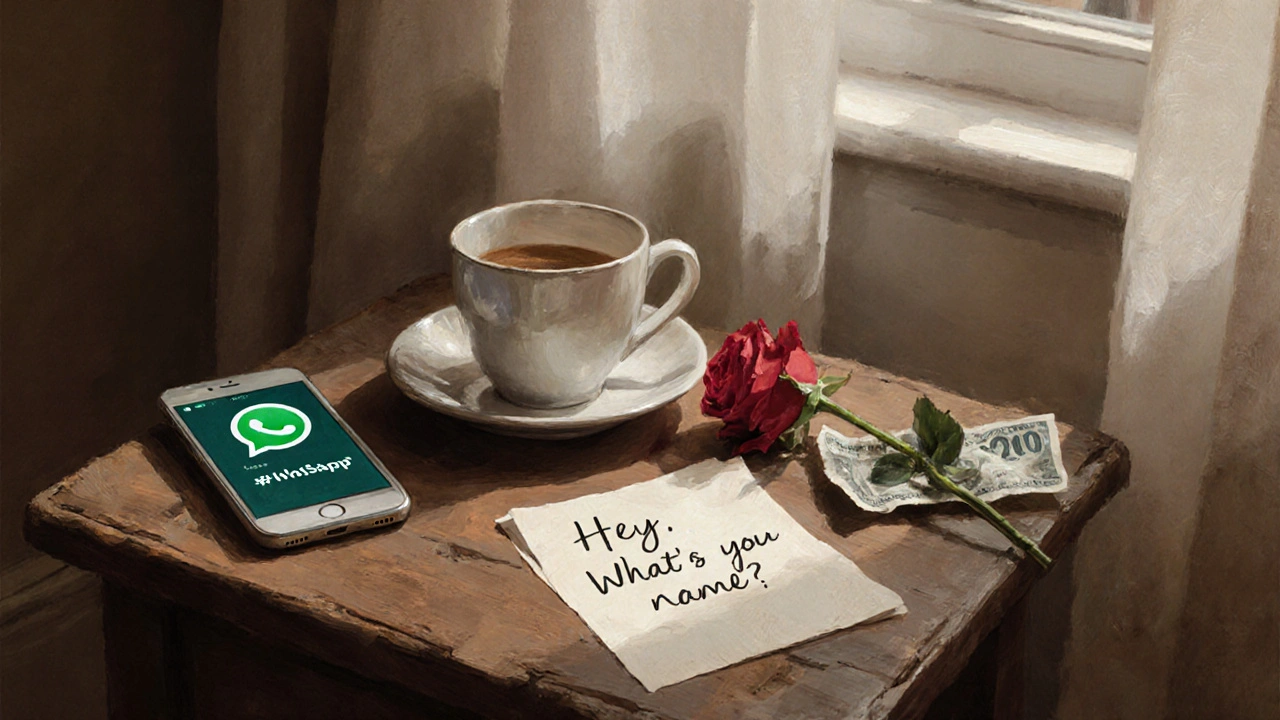 A handwritten note, coffee cup, and rose on a wooden table with a real WhatsApp message on a phone.