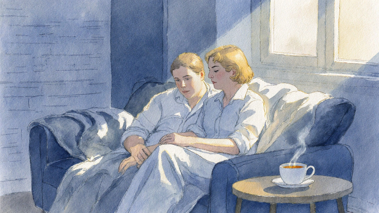 Aftercare scene with two people sharing tea and a blanket in a loft.