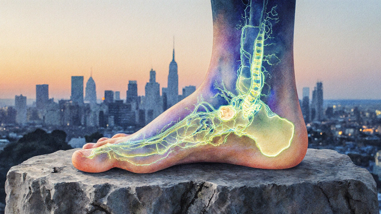 An artistic watercolor illustration of a foot with glowing energy lines connected to internal organs.