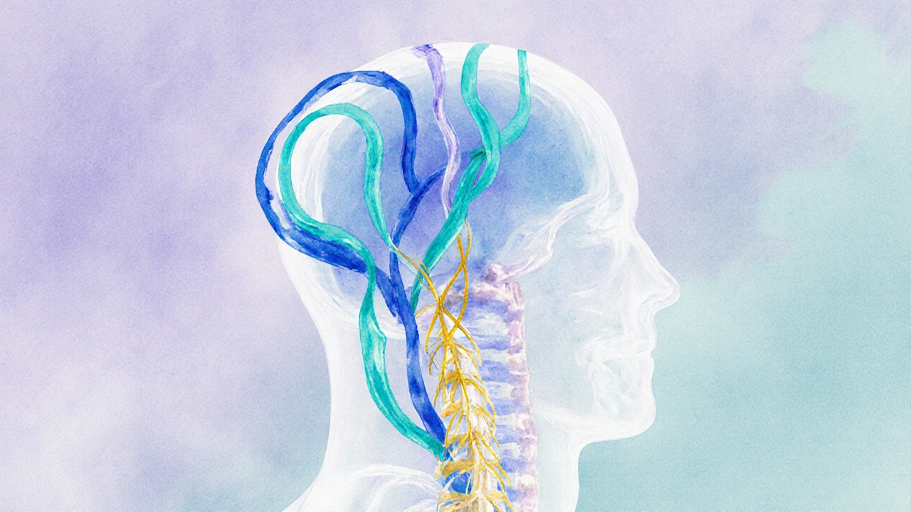 Artistic view of blood, lymph, and energy streams flowing through a semi‑transparent head.