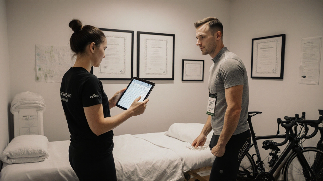 Clinic interior showing therapist consulting a cyclist client with certificates on the wall.