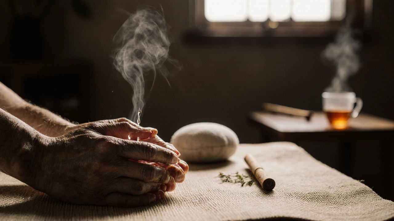 Close-up of therapist&#039;s and client&#039;s hands interlocked on a massage mat with herbal steam nearby