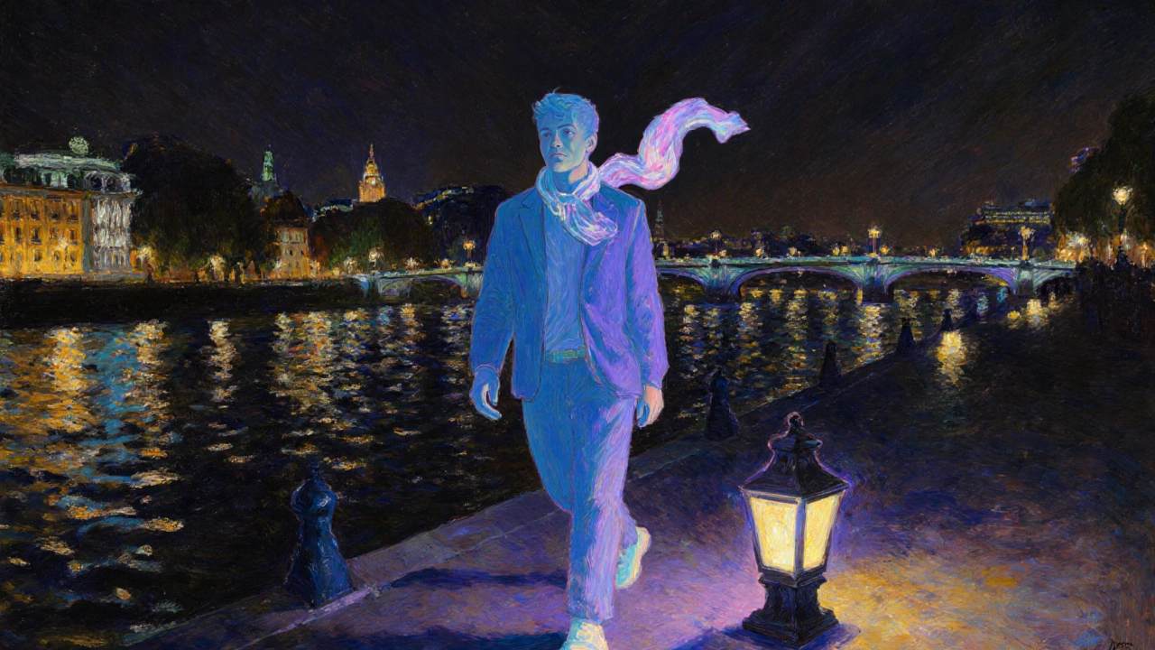 Confident man walking by the Thames at night, city lights reflected on water, exuding calm.
