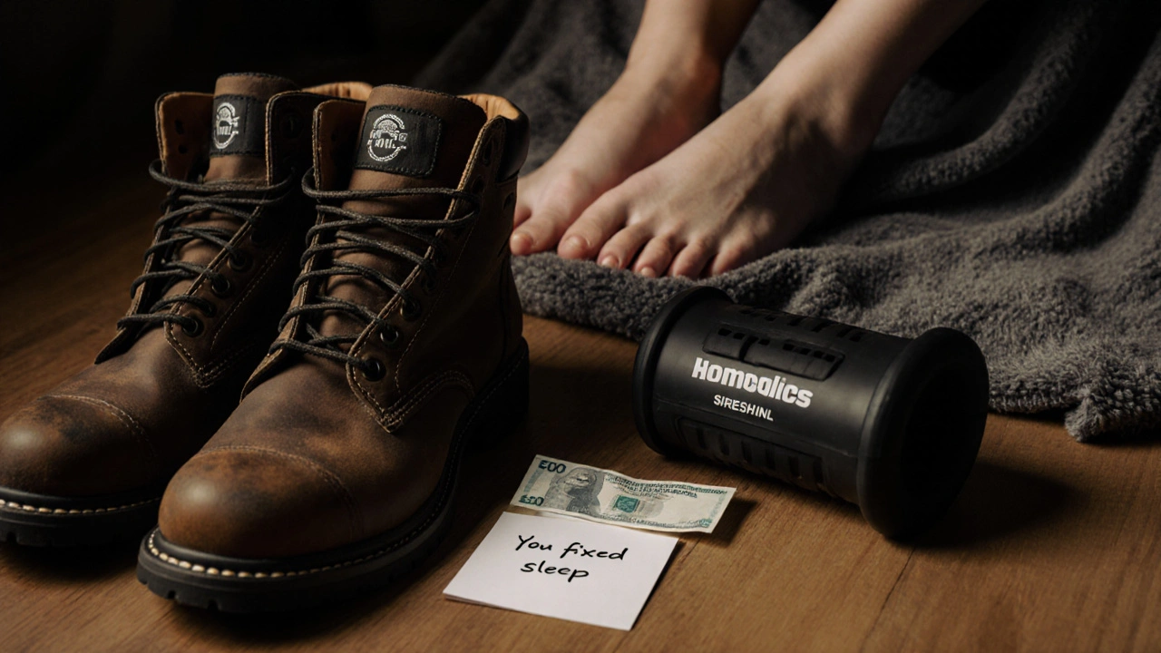 Discarded work boots and a man&#039;s bare feet resting peacefully after a massage, with a note on the table.