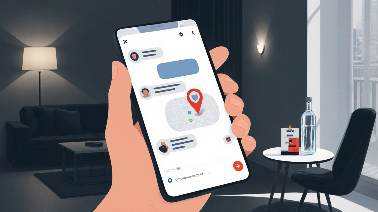 Hand holding a phone showing secure chat icons and a blurred location pin in a modern apartment.