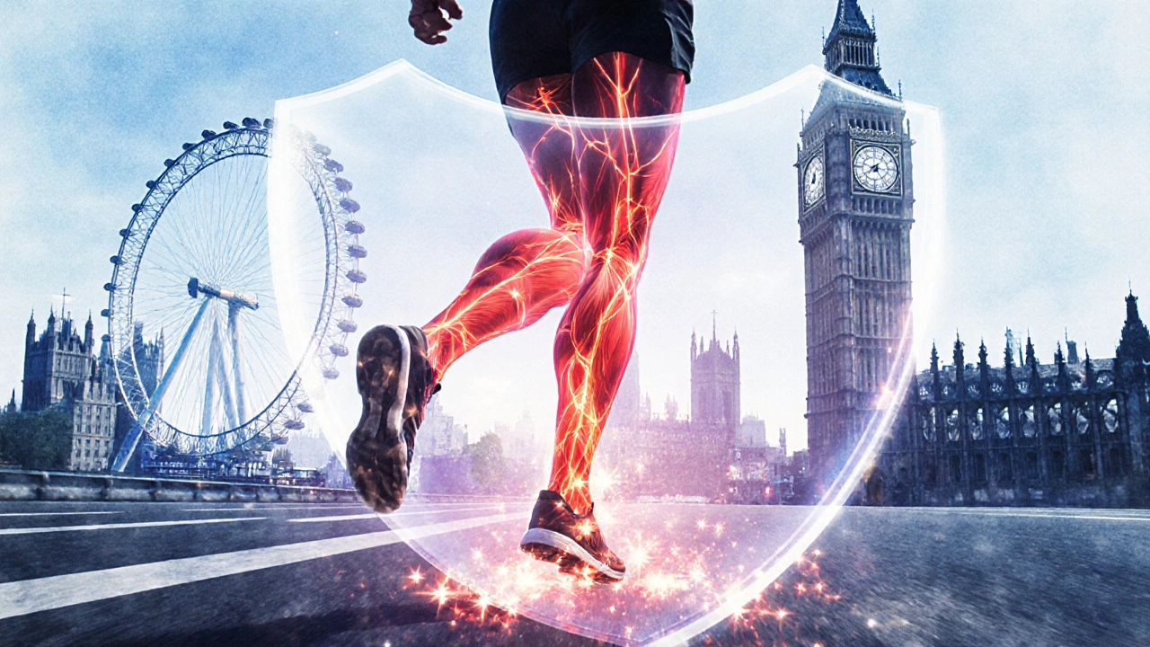 Illustration of glowing veins and protective aura around a runner representing massage benefits.