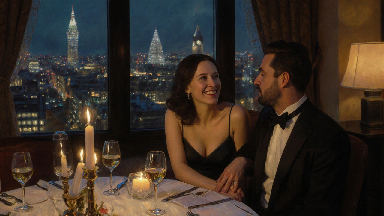 Intimate dinner scene with a couple sharing laughter and wine in a luxurious London setting.