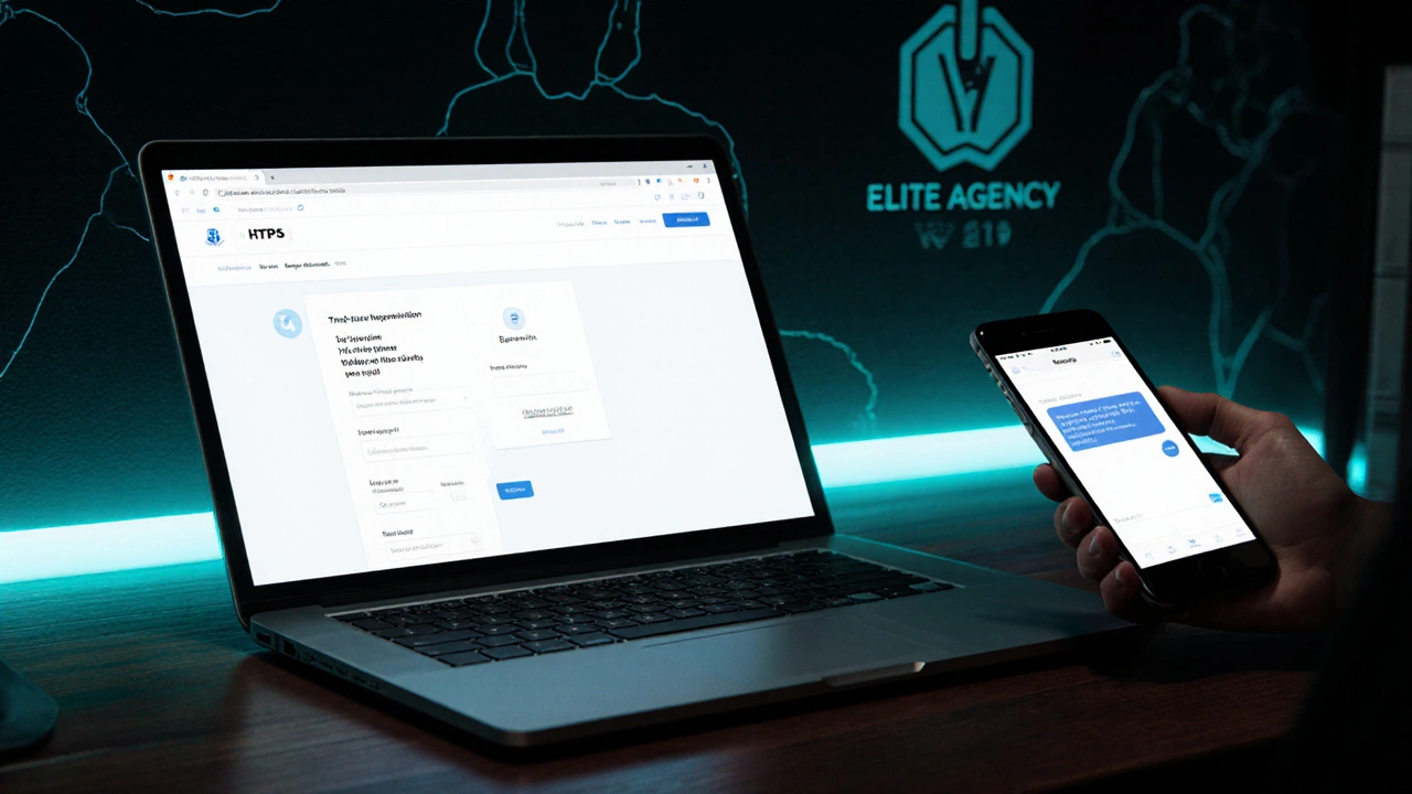 Laptop and burner phone on a dark desk showing secure website and encrypted messaging app.