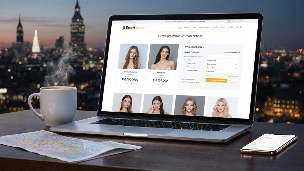 Laptop screen showing an upscale escort agency website with profiles, pricing, and chat on a city‑themed desk.