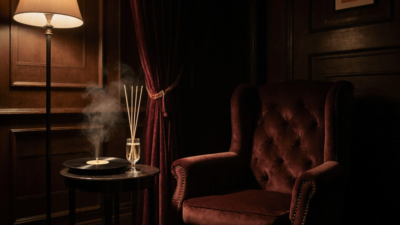 Luxurious dimly lit lounge with dark wood, velvet chair, champagne glass, and aromatic diffuser.