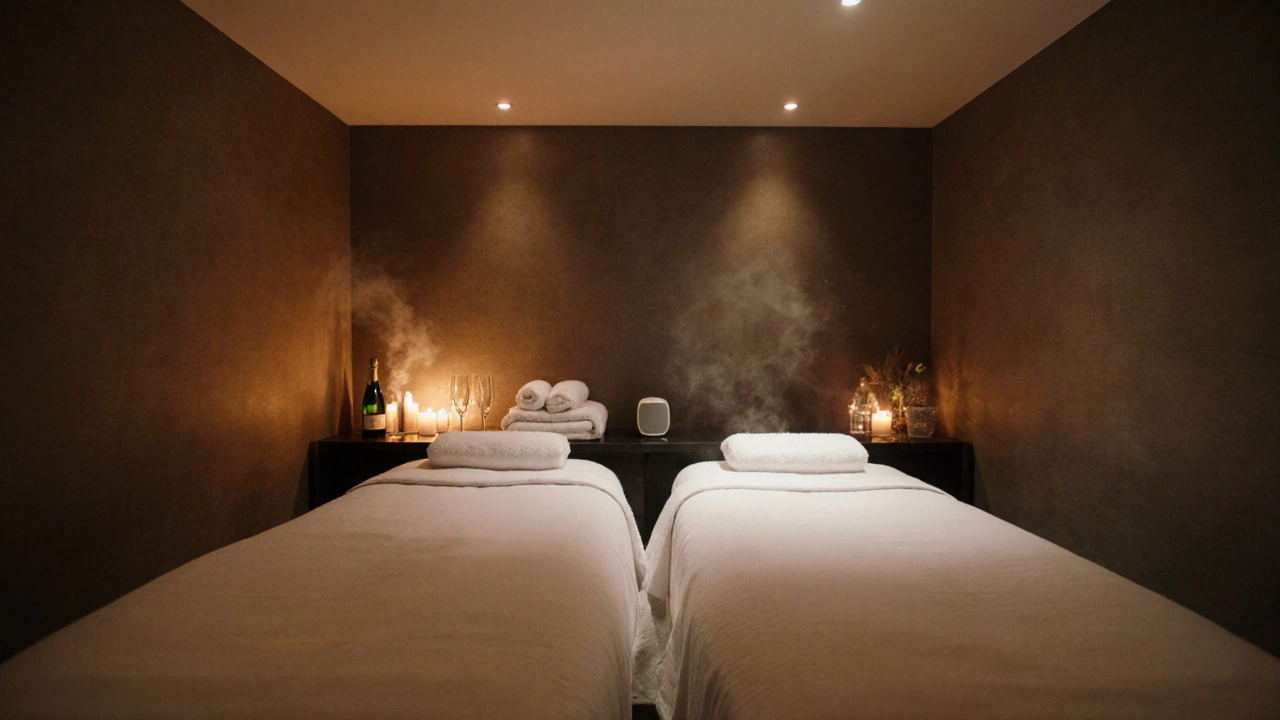 Luxurious spa private room with a double massage table, candles, oil bottles, and champagne.