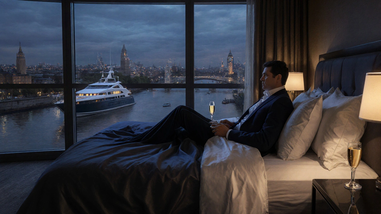 Luxury hotel suite at dusk with a couple on a silk‑draped bed, champagne and Thames view.