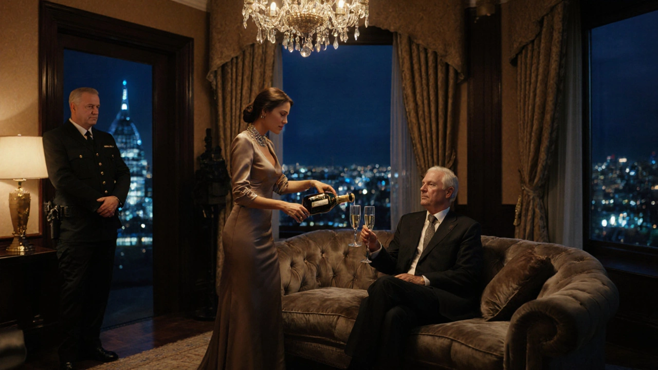 Luxury hotel suite scene where an elegant escort serves champagne to a client, with a security guard nearby.