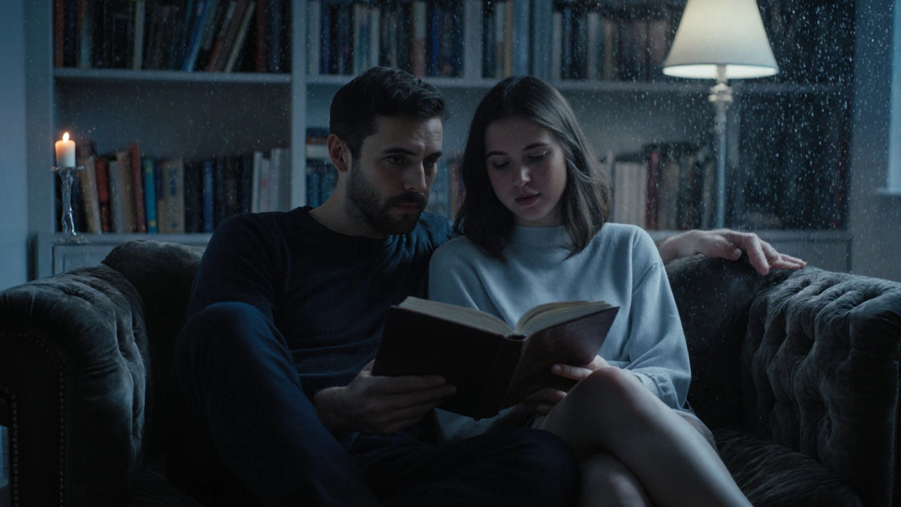 Man and woman sitting together on a sofa, reading philosophy book by candlelight in Highgate.