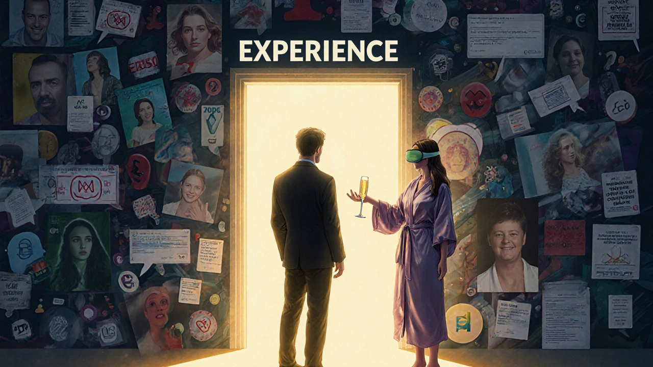 Man choosing between deceptive online scams and a glowing path to authentic connection.