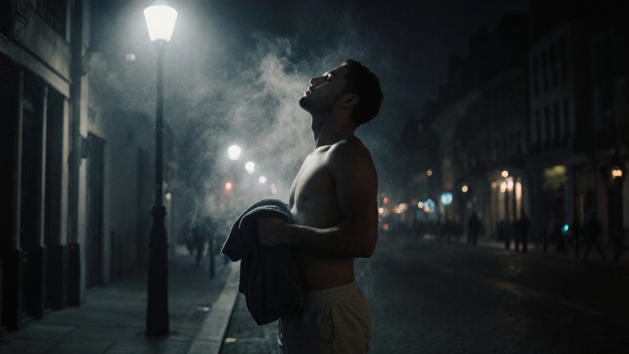 Man standing alone in a foggy London alley after massage, towel in hand, bathed in streetlamp glow, looking upward in release.