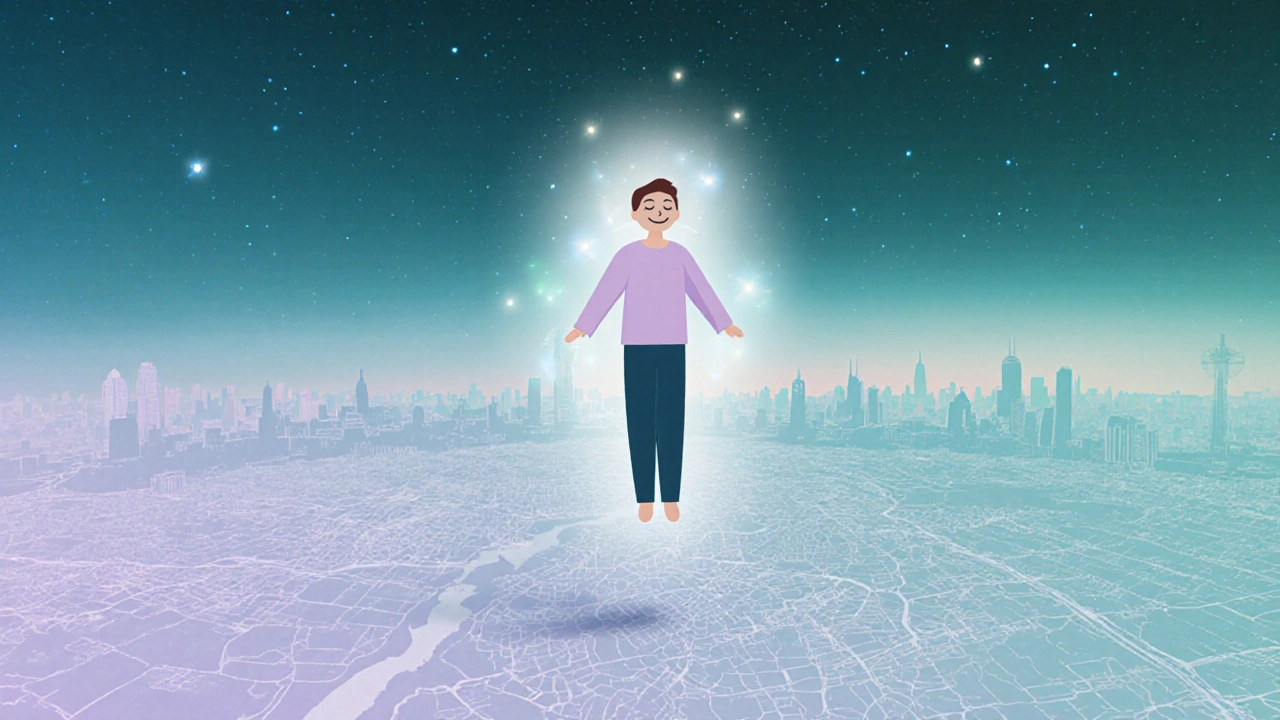 Relaxed person floating above an East London skyline, symbolizing post‑massage calm.