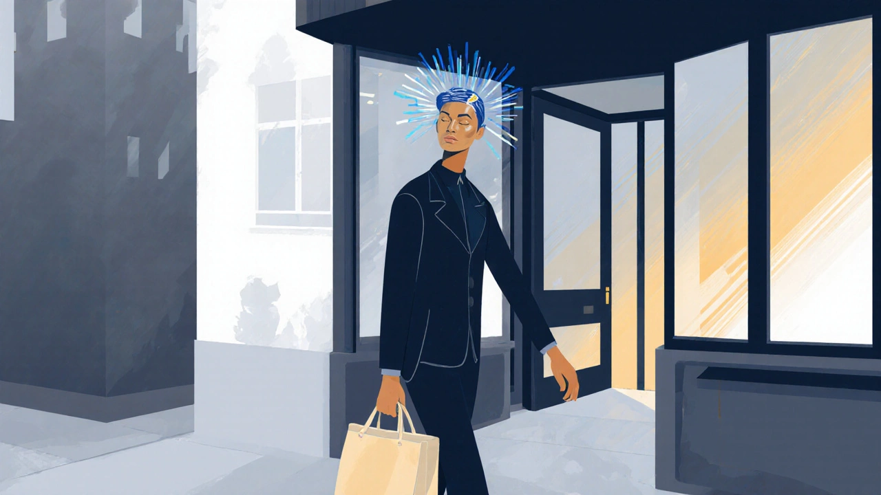 Relaxed professional leaving a London spa, radiating calm and refreshed energy.
