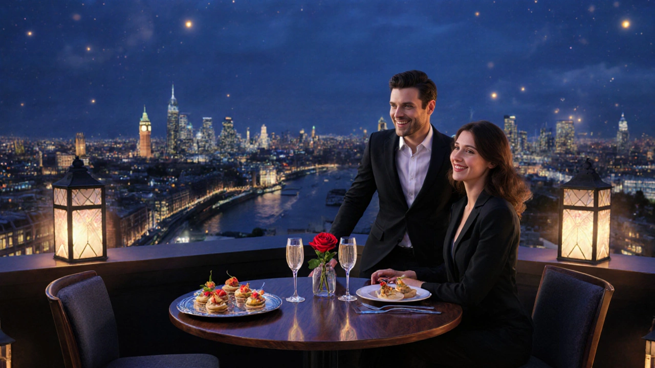 Rooftop dinner on a London skyline terrace with escort, couple, and champagne.