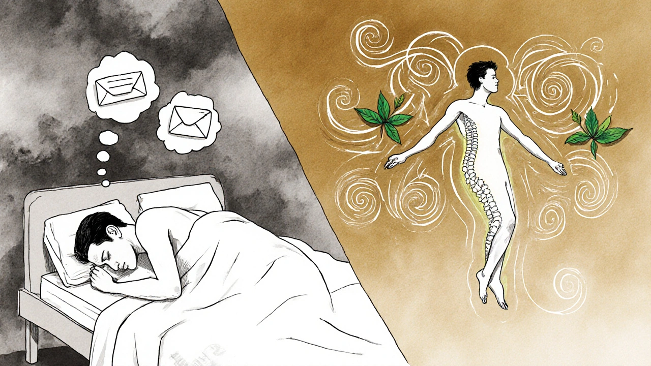 Split image showing stressed man at night transformed into peaceful figure floating with herbal energy