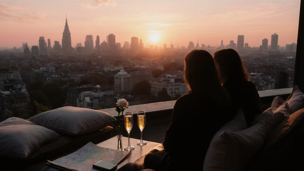 Sunrise rooftop terrace with two silhouettes, champagne glasses, and the London skyline.