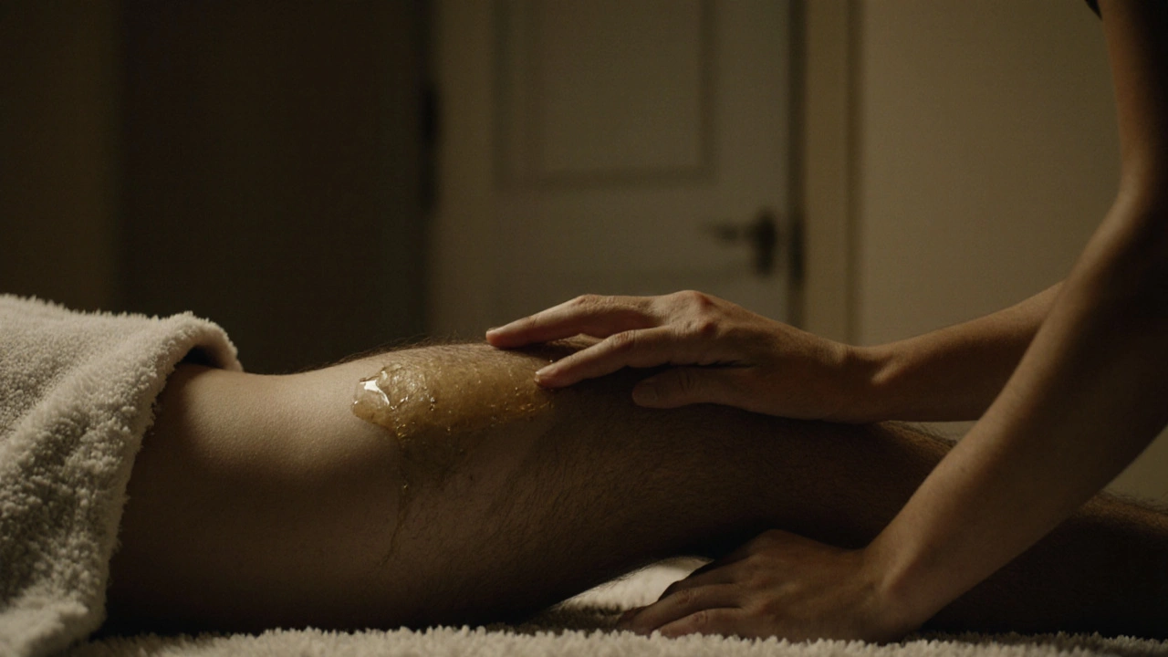 Woman&#039;s hand slowly moving along a man&#039;s inner thigh during a massage, oil shimmering under low light, no faces visible.