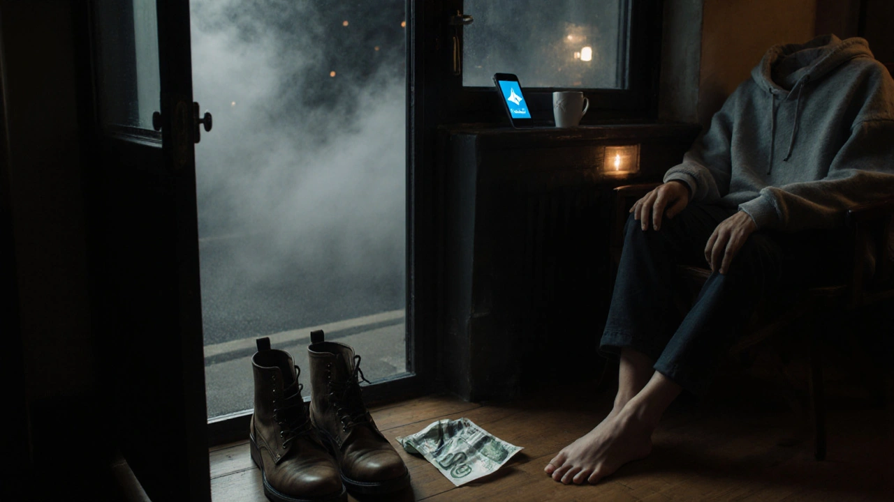 Worn boots and bare feet beside an open door, £200 note on threshold, quiet London night.