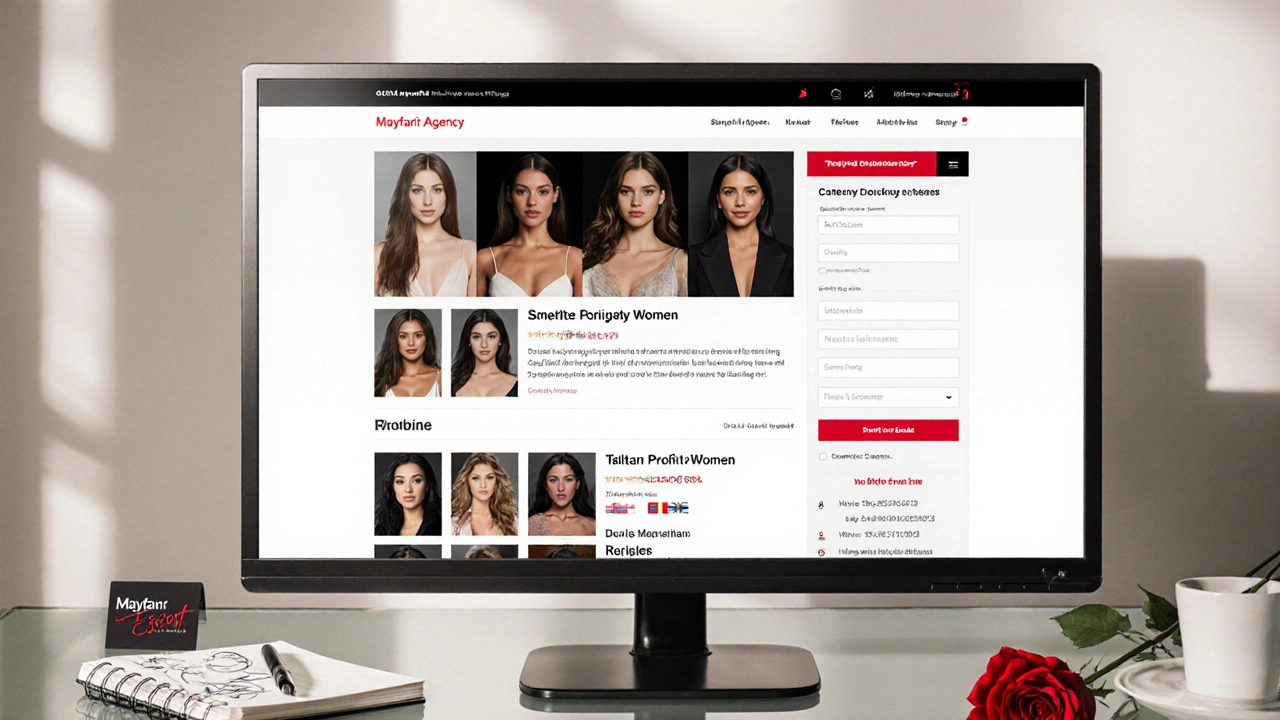 A computer screen showing a professional escort agency&#039;s verified profiles and booking form with a rose on the desk.