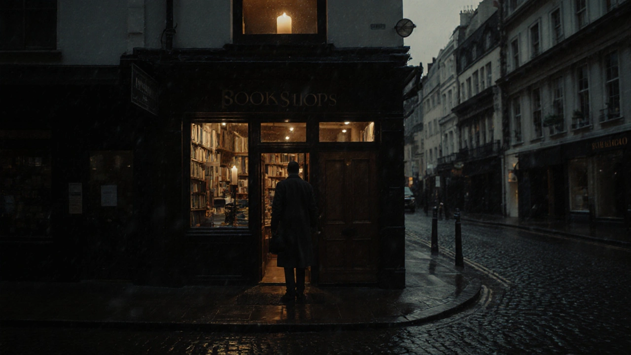A discreet door in Mayfair, hidden behind a bookshop, with a single candle glowing inside.