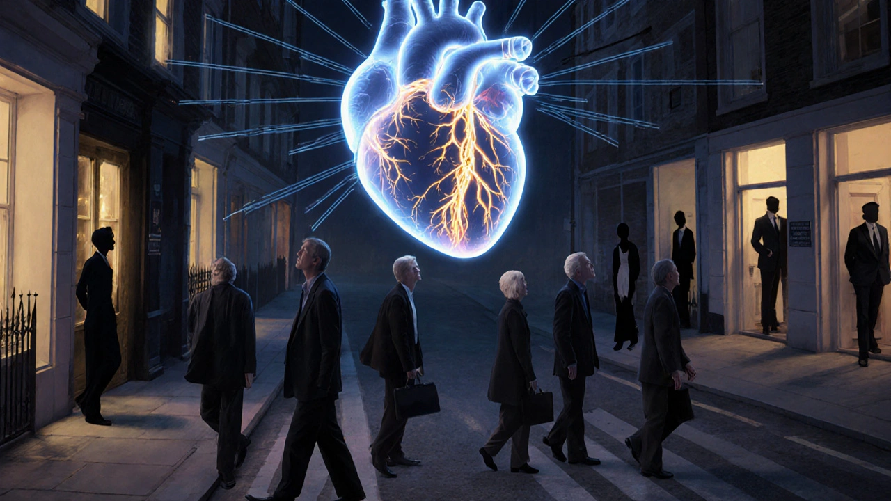 A glowing heart above a London street, connected to anonymous passersby, symbolizing unseen human connection.