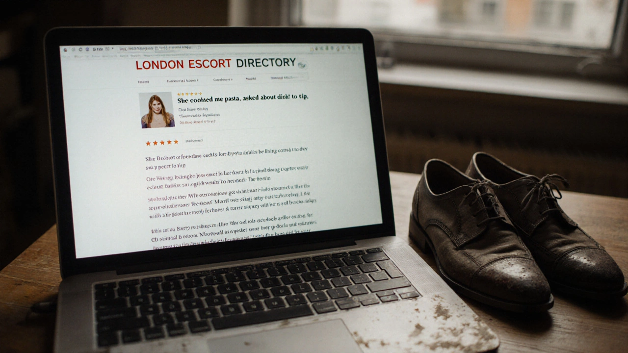 A laptop screen displaying a detailed escort review with worn shoes beside it.