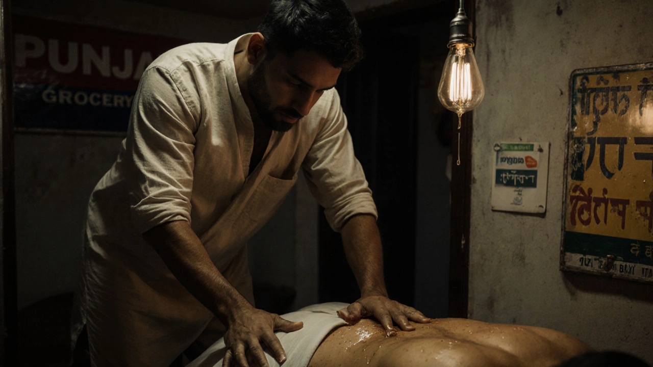 A male therapist works intensely on a client&#039;s glutes in a basement clinic above a grocery store in Wembley.