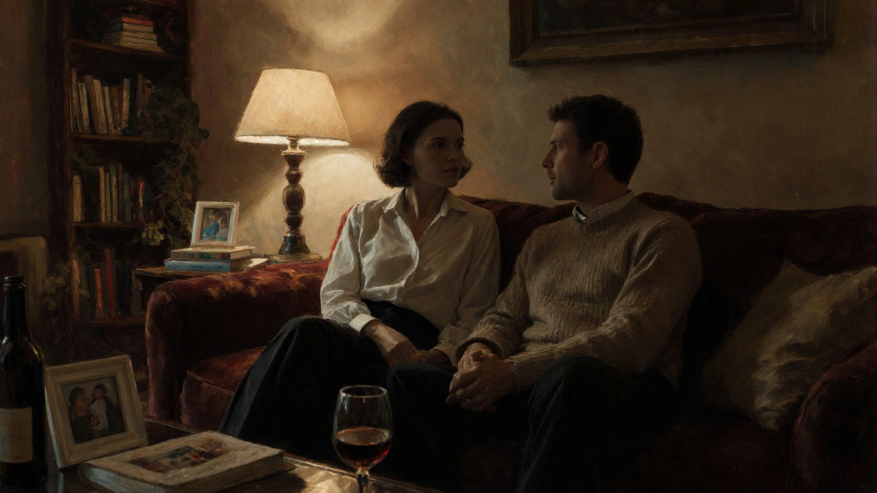 A man and woman having quiet conversation in a cozy London living room with wine and books.