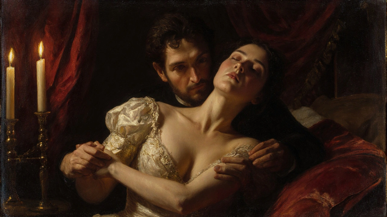 A man and woman in a dim bedroom share an intimate moment, her body leaning into his, candlelight casting warm shadows.