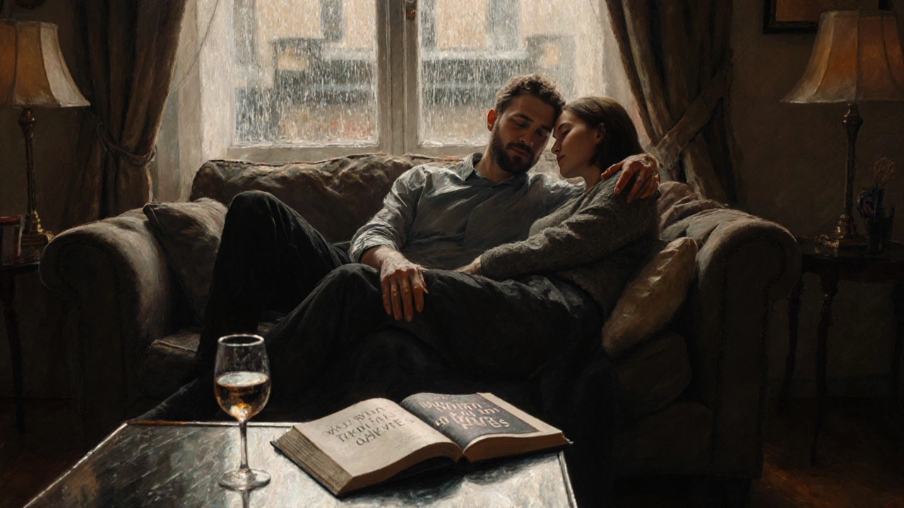 A man and woman sit close on a sofa in soft light, books and wine nearby, conveying quiet emotional intimacy.