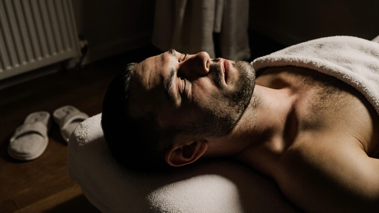 A man crying softly during a massage, eyes closed, face peaceful under soft lighting.
