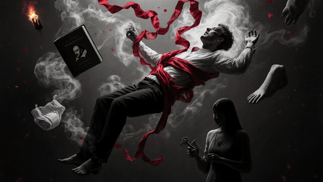 A man floating mid-air bound by silk scarves, surrounded by symbolic objects in a surreal monochrome void.