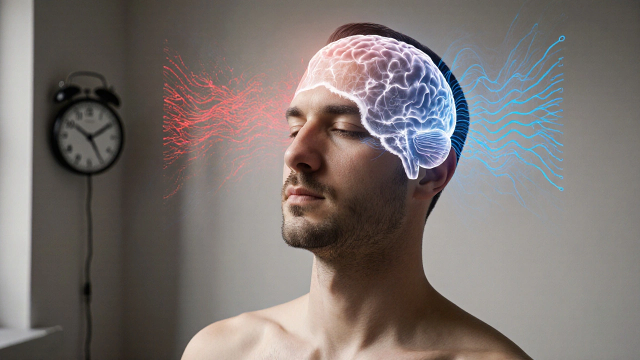 A man in calm relief during a head massage, with abstract brain waves shifting from chaos to clarity.