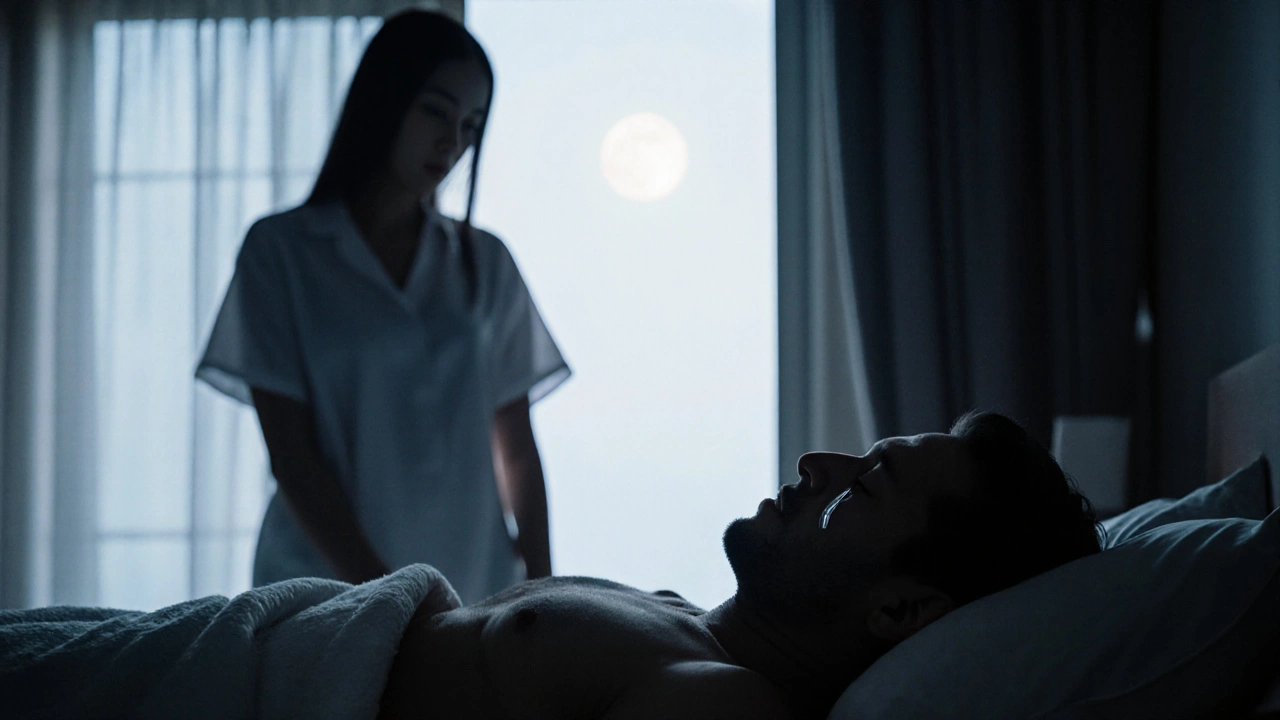 A man lies peacefully on a bed, tear on his cheek, as the masseuse quietly prepares to leave — a moment of deep emotional release.