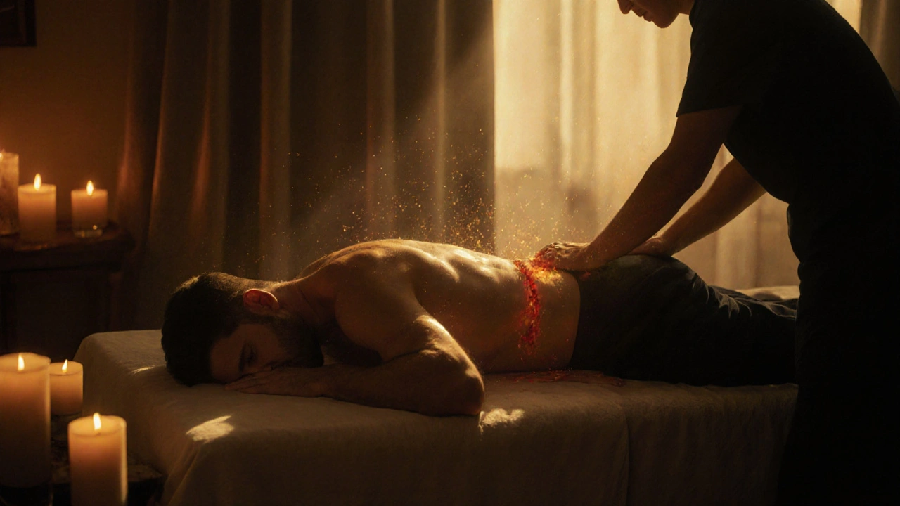 A man releases deep tension during a massage, bathed in warm candlelight with the therapist&#039;s hands working precisely.