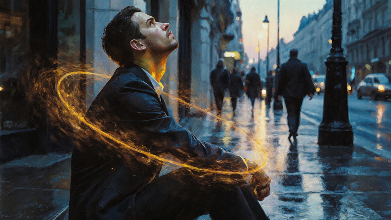 A man sits peacefully on a rainy London sidewalk after a massage, oil glistening on his skin as golden light glows around him.