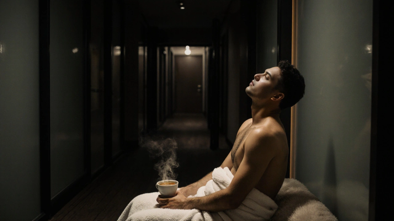 A man sits wrapped in a towel after a massage, eyes closed, tea beside him, radiating quiet peace.