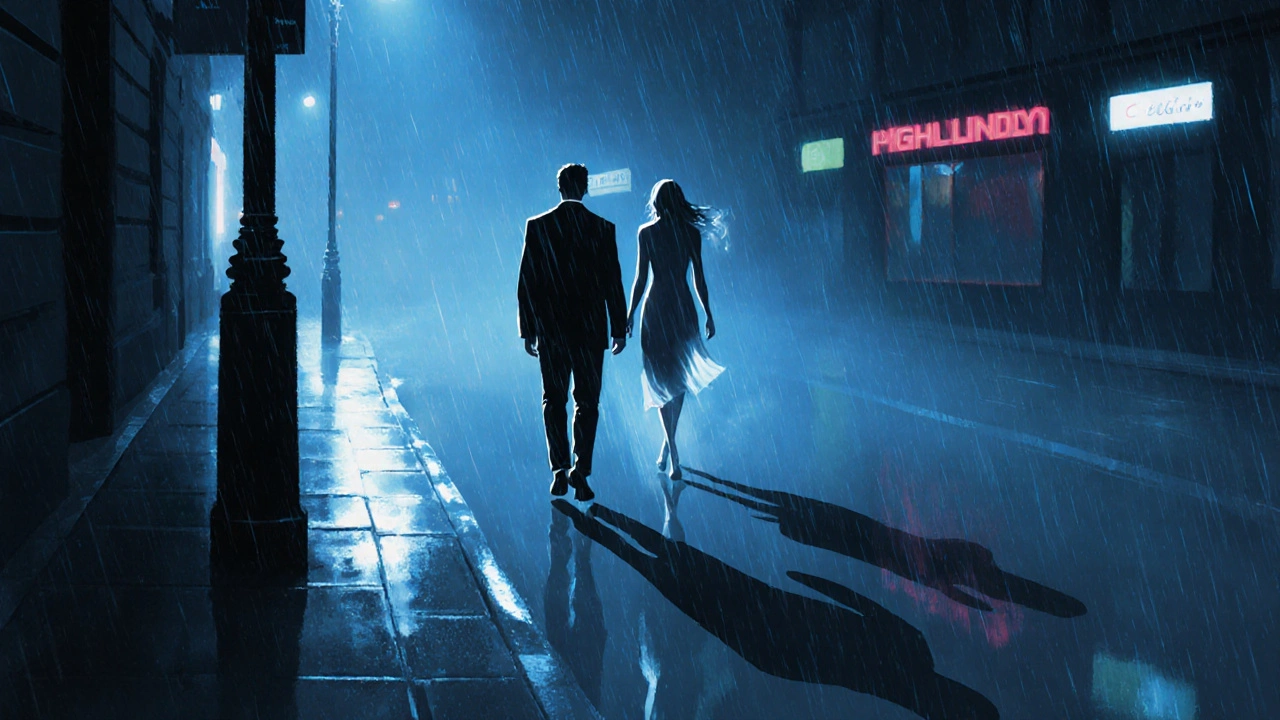 A man walking at night in London, his shadow accompanied by a faint, fading feminine silhouette in the mist.