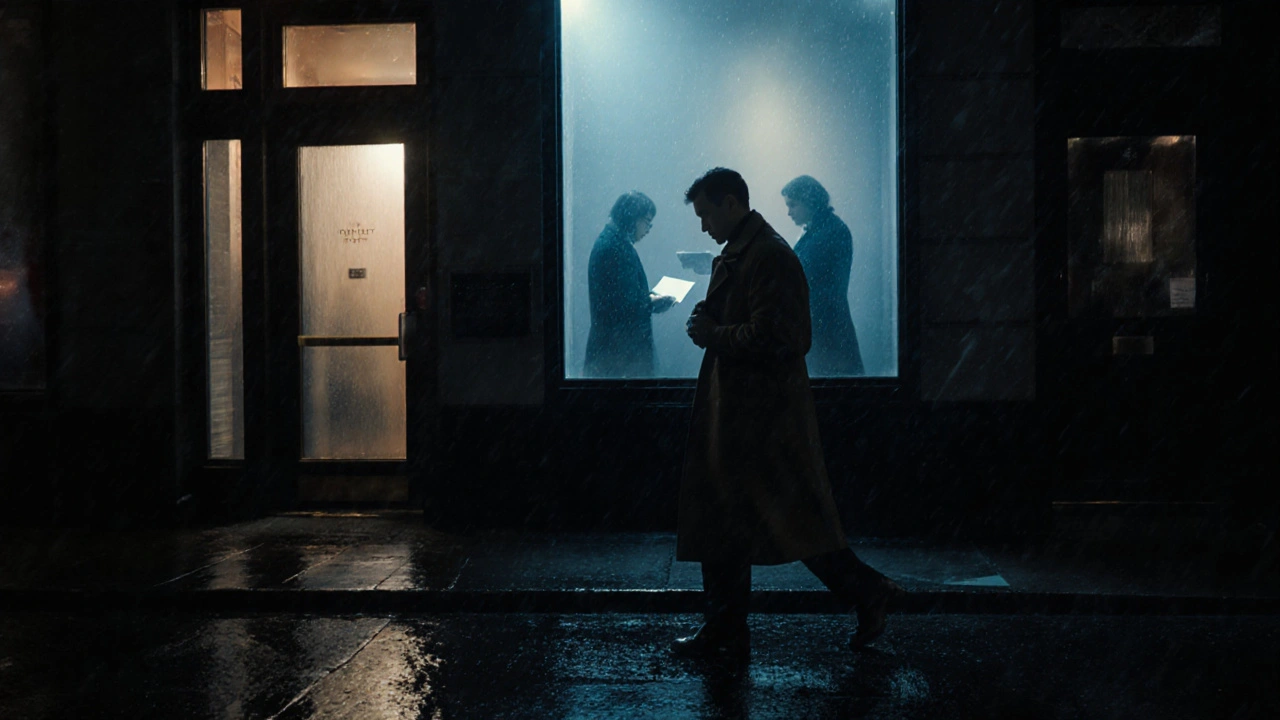 A man walking away from a London hotel at night, hinting at a private encounter behind the fogged window.