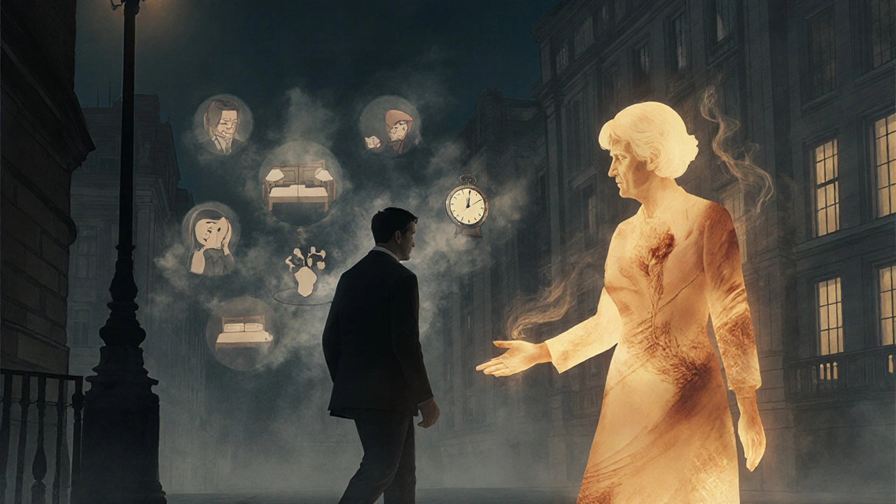 A man walking through foggy London, guided by a glowing figure representing emotional peace.