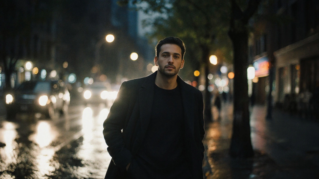 A man walks alone at night in Chelsea, expression peaceful, city lights blurred behind him, conveying quiet emotional release.