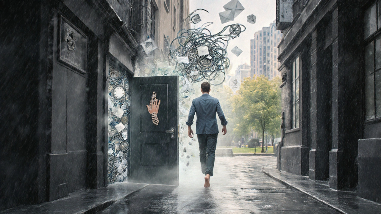 A man walks away from swirling stress symbols, freed from tension as he steps into sunlight in London.