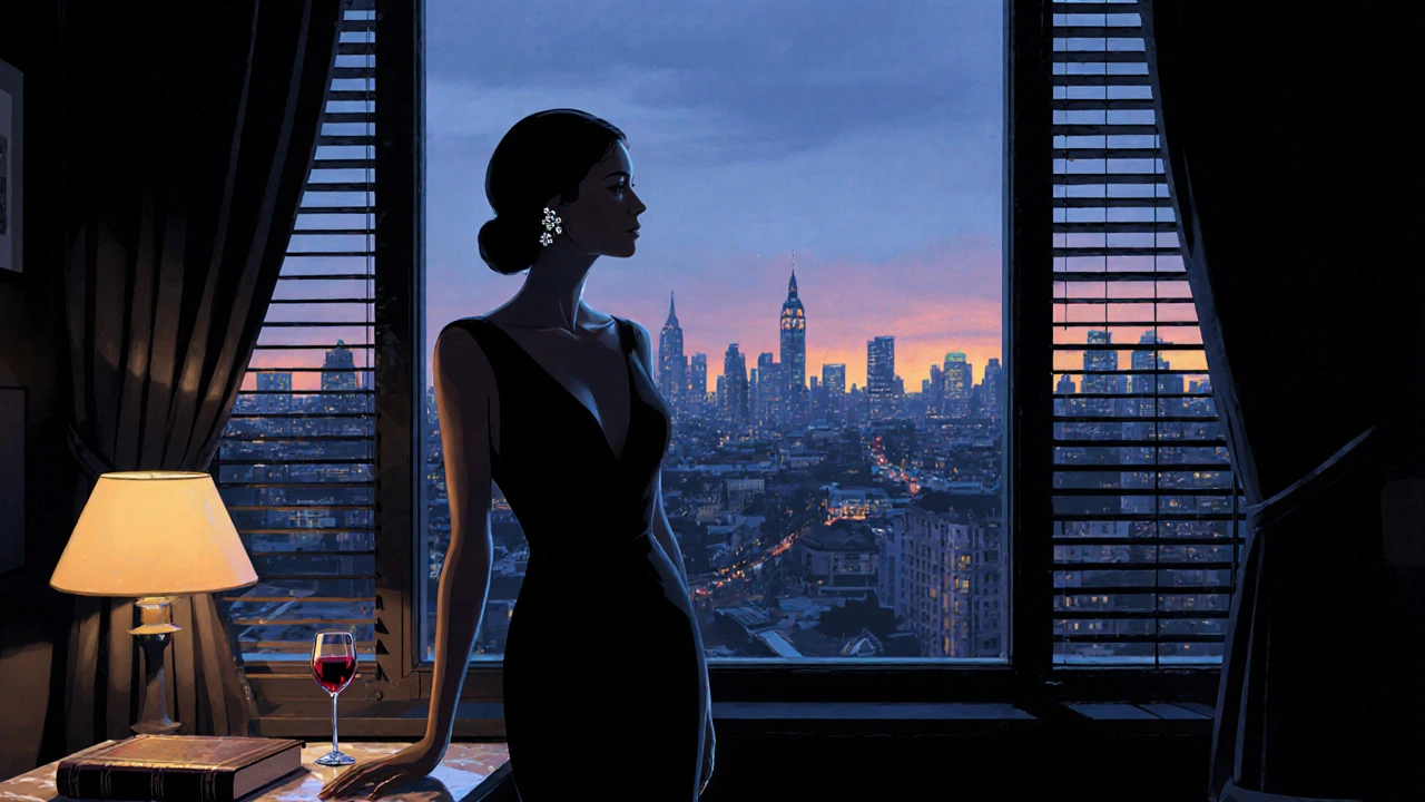 A mysterious woman stands by a penthouse window in Mayfair, overlooking London at twilight.